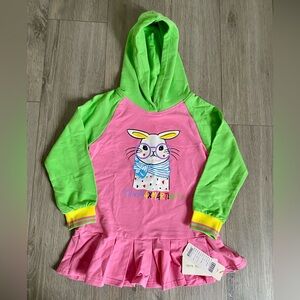 Colorful Girls Hoodie Dress with Bunny Print Cotton Pleated Skirt - US size 8